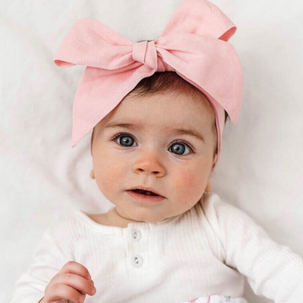 Snuggle Hunny Kids - Pre-tied Linen Bow Headband Baby Pink